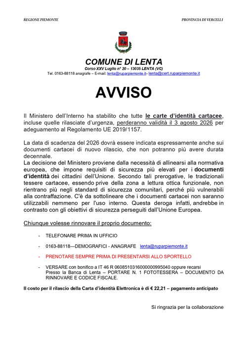Avviso per carte didentità cartacee