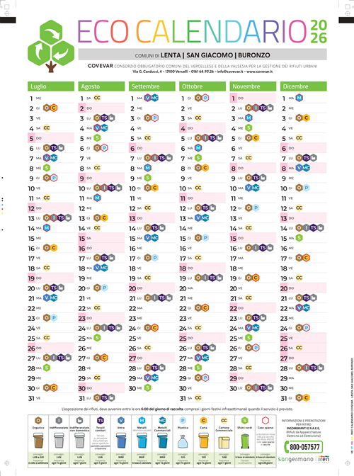 Calendario rifiuti differenziata Luglio - Dicembre 2026