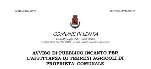 Avviso di pubblico incanto per l'affittanza di terreni agricoli di proprietà comunale- Lotto: Cascina Rinascita