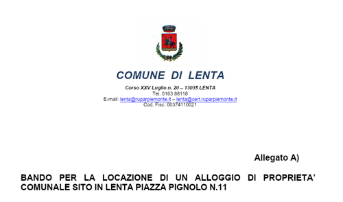 Bando per la locazione di un alloggio di proprietà comunale sito in Lenta, Piazza Pignolo n. 11