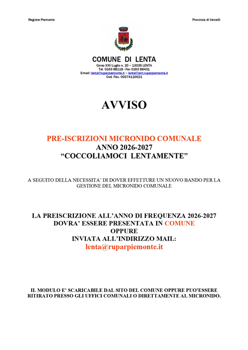 PRE-ISCRIZIONI Micronido comunale â€œCoccoliamoci Lentamenteâ€ per l'anno 2026-2027